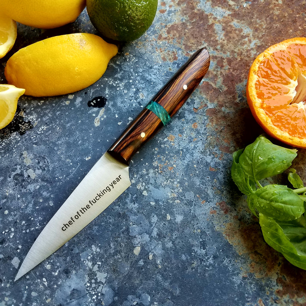 NORA #1258  - 3.5 Inch Paring - Chef of the F*cking Year (Cocobolo & Teal Box Elder)