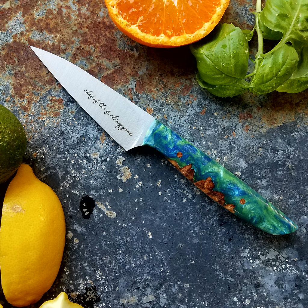 NORA #1264  - 3.5 Inch Paring - Chef of the F*cking Year (Green & Blue Shokwood)