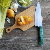NORA #1515 - 7.5" Chef - 01 Carbon Steel - HARD USE - Teal Blue Fiddleback Maple