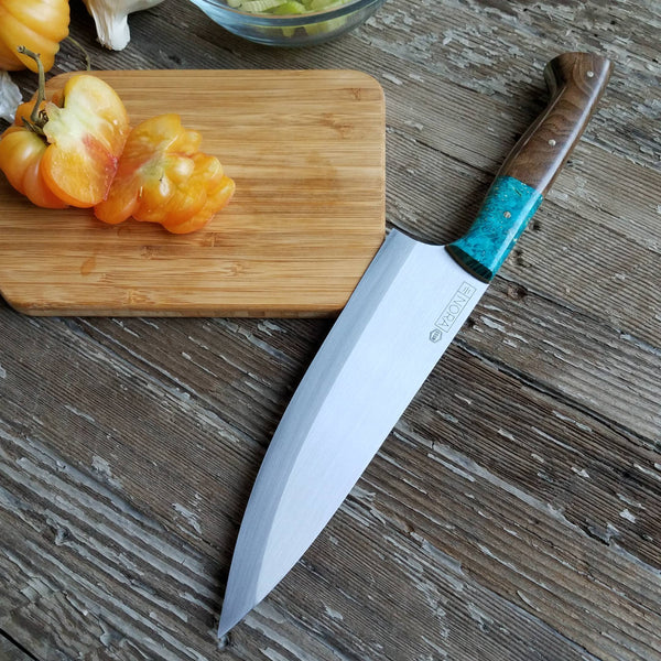 NORA #1518 - 7.5" Deba - 01 Carbon Steel -  Walnut & Teal Blue Box Elder