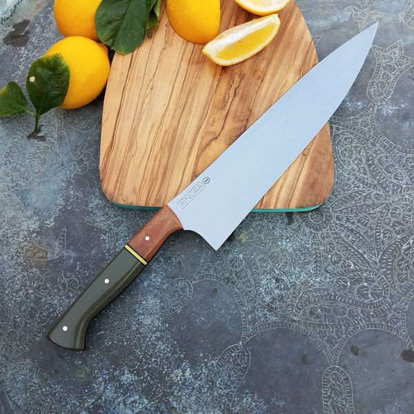 NORA #1644  - 10 Inch Chef - O1 Carbon Steel - OD Green G10 & Burlap Micarta